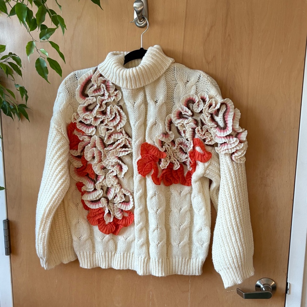 Women's Cream Sweater with Red Floral Accents